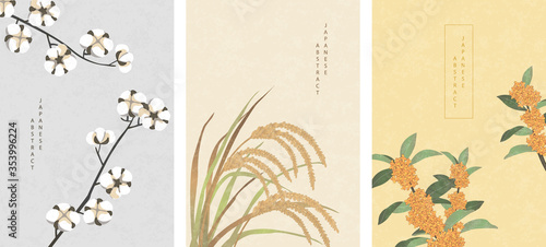 Oriental Japanese style abstract pattern background design nature plant cotton ear of rice and Osmanthus flowers