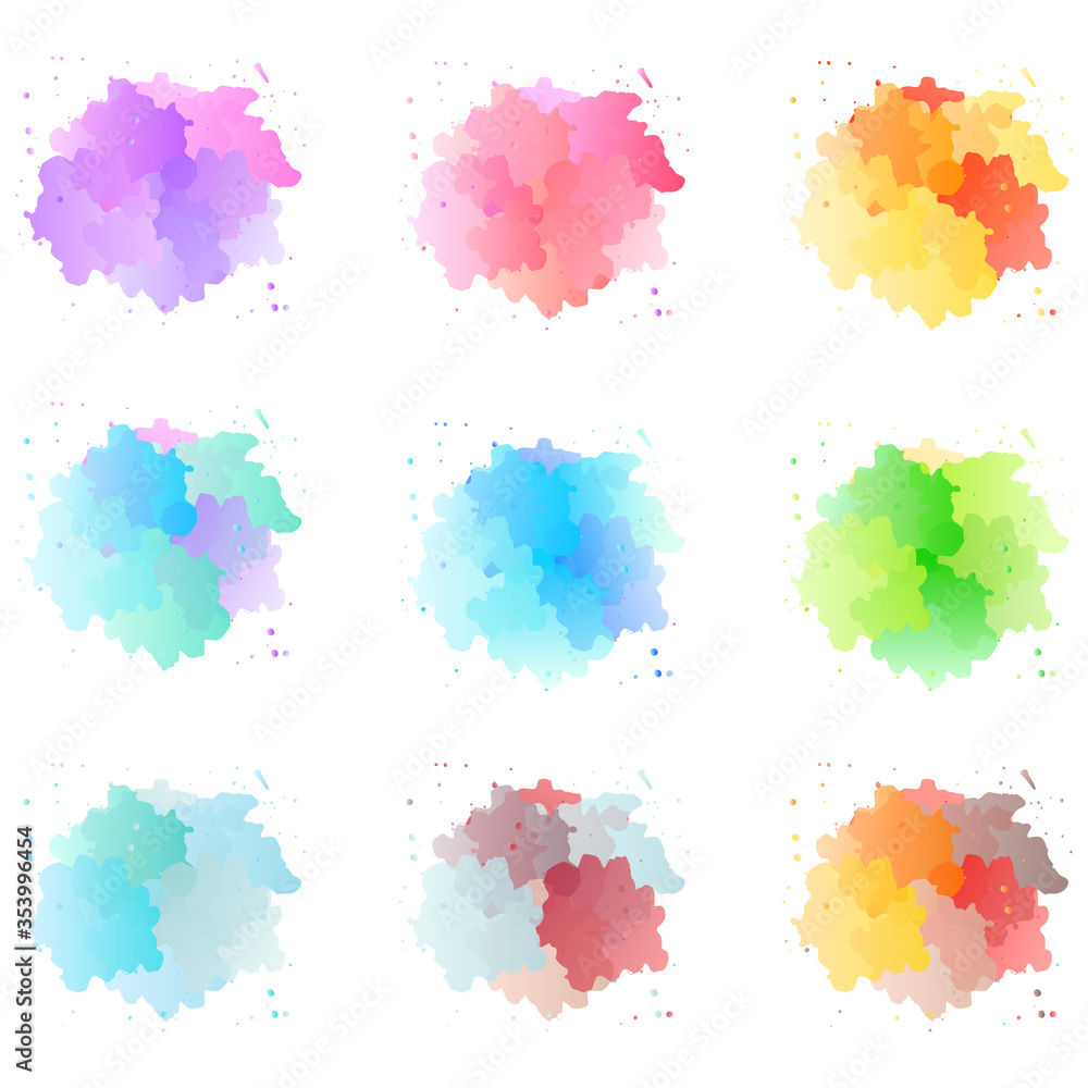 Set of abstract aquarelle textures. Imitation of multicolored watercolor splash blots isolated on a white background. Vector 10 EPS.