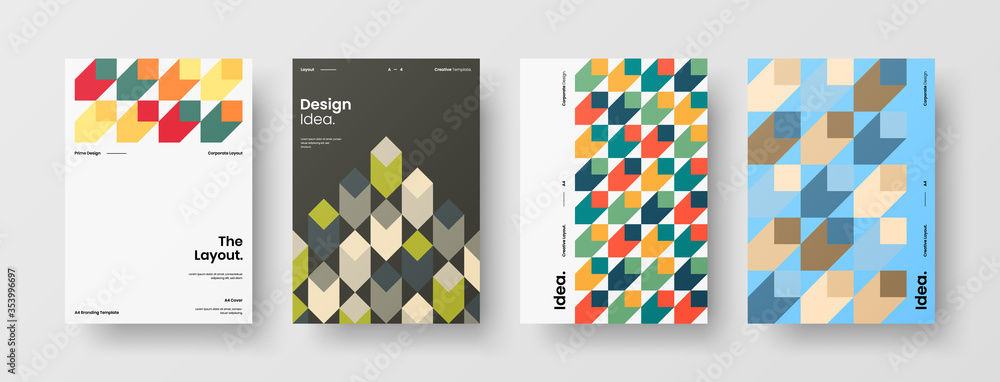 Company identity brochure template collection. Business presentation vector A4 vertical orientation front page mock up set. Corporate report cover abstract geometric illustration design layout bundle.