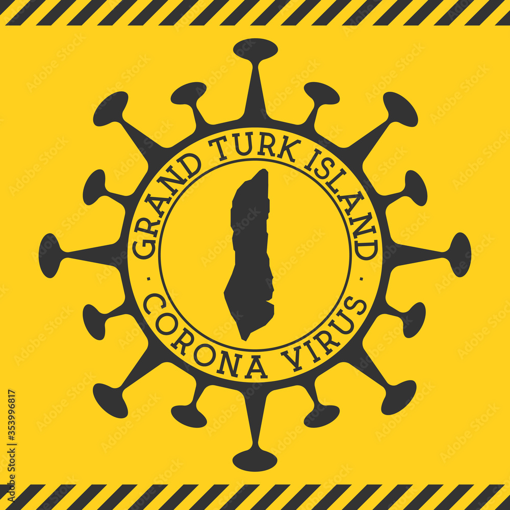 Corona virus in Grand Turk Island sign. Round badge with shape of virus and Grand Turk Island map. Yellow island epidemy lock down stamp. Vector illustration.