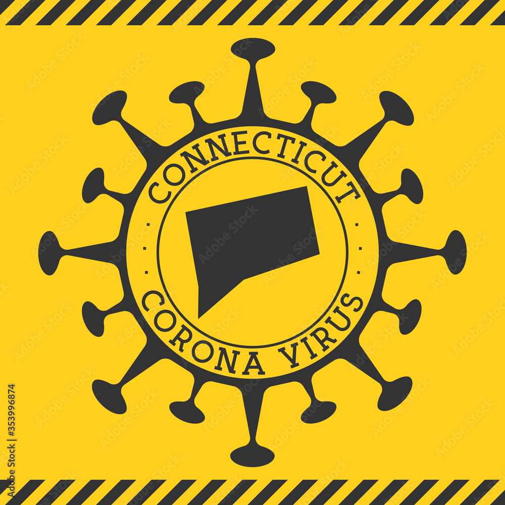 Corona virus in Connecticut sign. Round badge with shape of virus and Connecticut map. Yellow us state epidemy lock down stamp. Vector illustration.