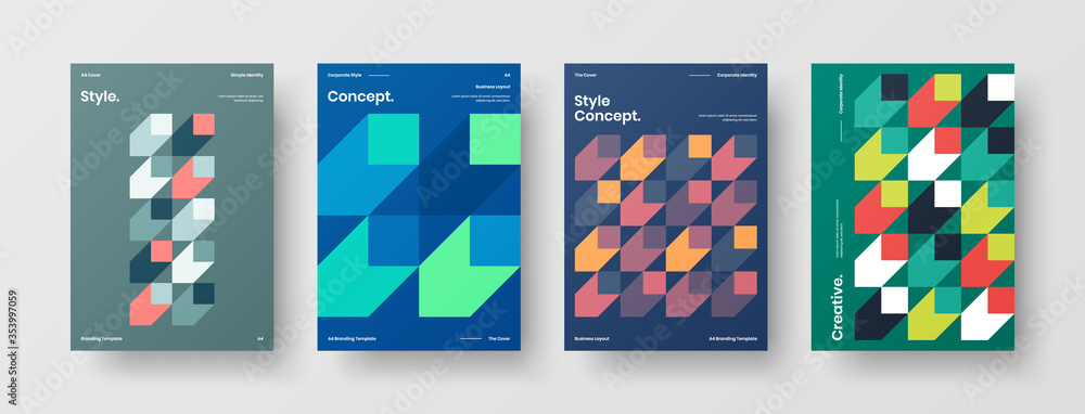 Fototapeta premium Company identity brochure template collection. Business presentation vector A4 vertical orientation front page mock up set. Corporate report cover abstract geometric illustration design layout bundle.