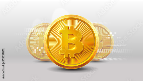 Bitcoins money Virtual currency concept background. Golden bitcoin coin blockchain technology for crypto currency. Digital money currency. Vector stock illustration. EPS 10