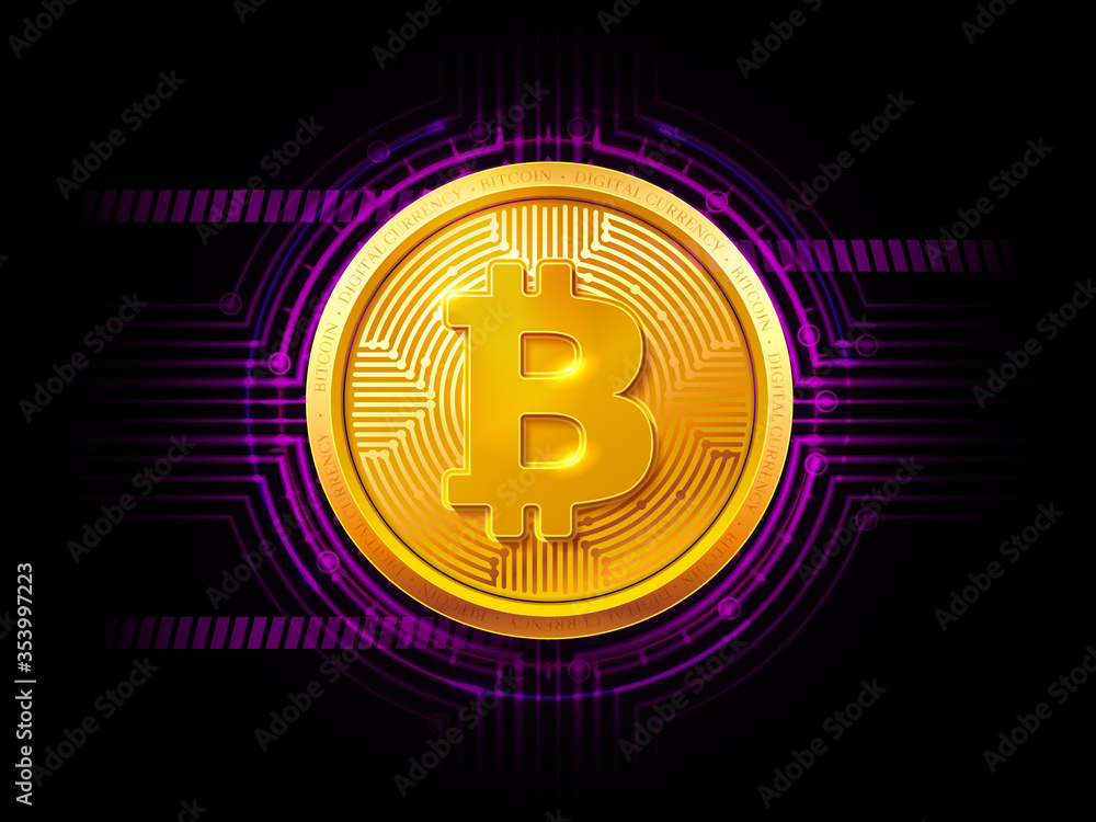 Abstract technology HUD bitcoin symbol. Golden bitcoin coin on dark background. Virtual money Digital currency. Vector stock illustration. EPS 10 Abstract technology HUD bitcoin symbol. Golden bitcoin coin on dark background. Virtual money Digital currency. Vector stock illustration. EPS 10