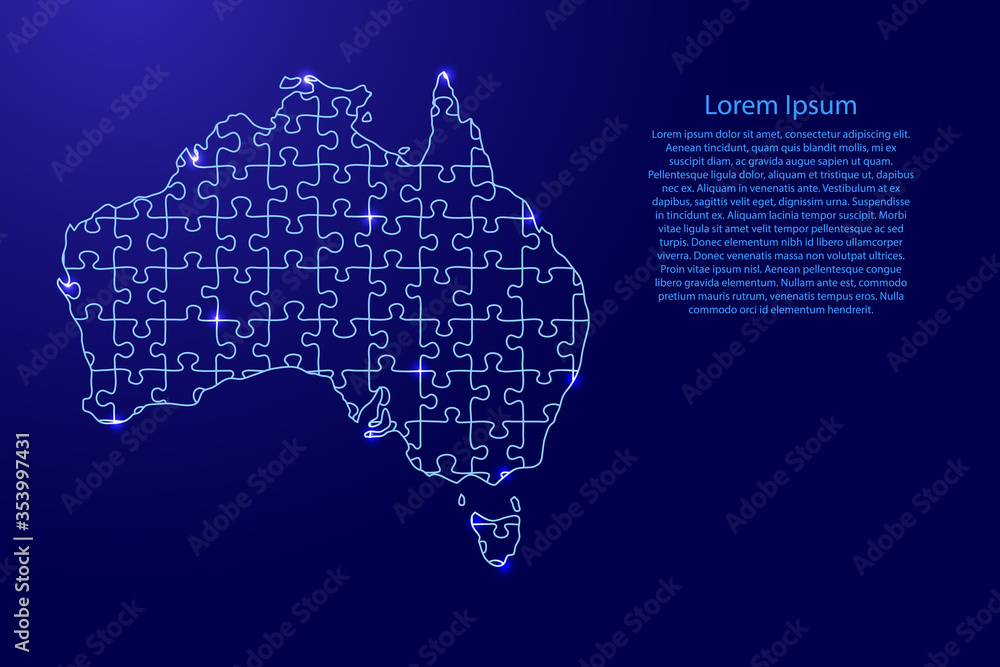 Australia map from blue pattern composed puzzles and glowing space stars. Vector illustration.