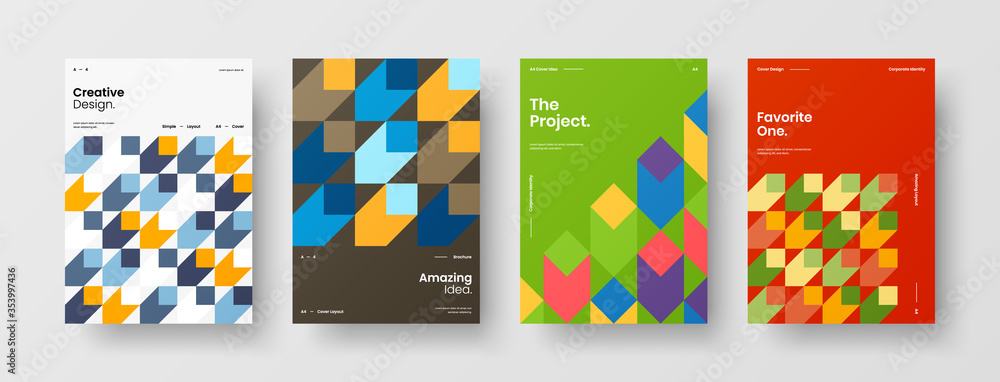 Company identity brochure template collection. Business presentation vector A4 vertical orientation front page mock up set. Corporate report cover abstract geometric illustration design layout bundle.