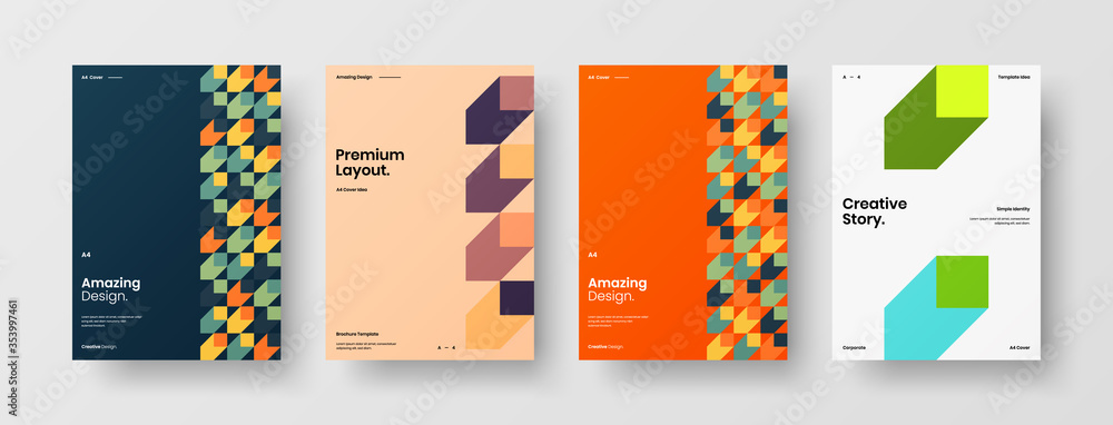 Company identity brochure template collection. Business presentation vector A4 vertical orientation front page mock up set. Corporate report cover abstract geometric illustration design layout bundle.