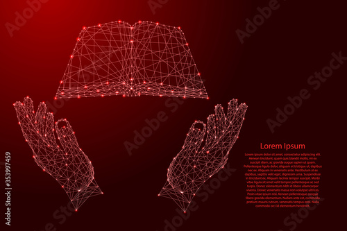 Open book and two holding, protecting hands from futuristic polygonal red lines and glowing stars for banner, poster, greeting card. Vector illustration.