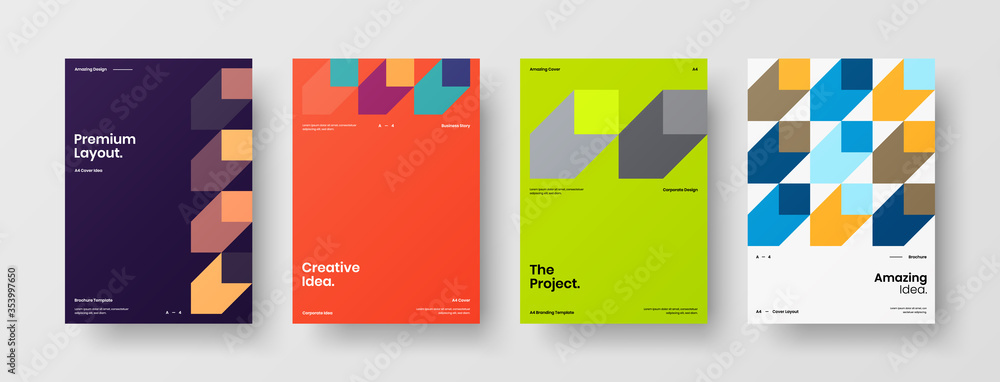 Company identity brochure template collection. Business presentation vector A4 vertical orientation front page mock up set. Corporate report cover abstract geometric illustration design layout bundle. Company identity brochure template collection. Business presentation vector A4 vertical orientation front page mock up set. Corporate report cover abstract geometric illustration design layout bundle.