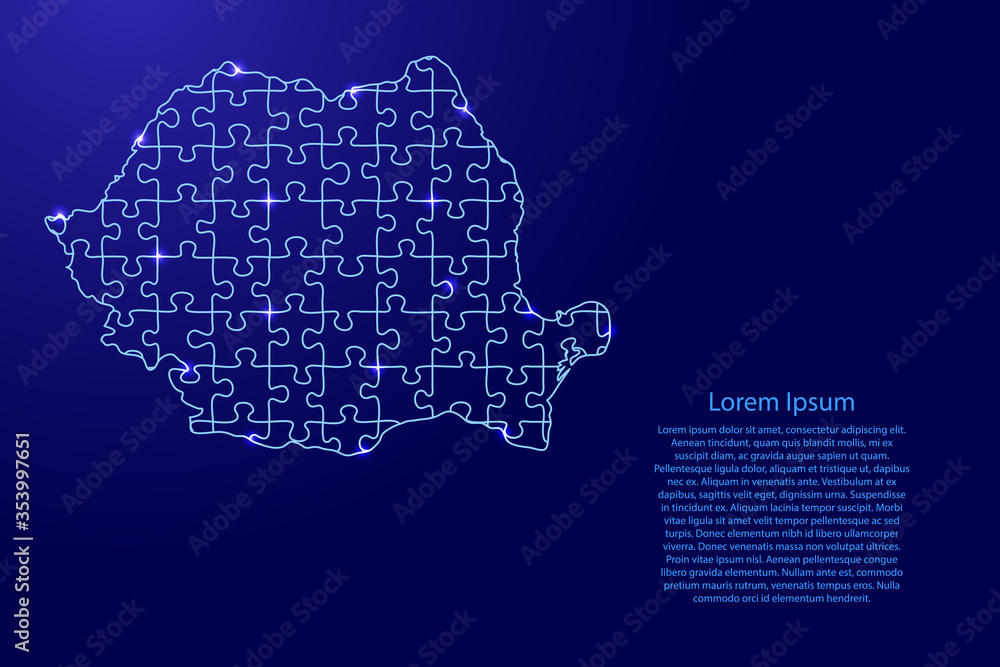 Romania map from blue pattern composed puzzles and glowing space stars. Vector illustration.