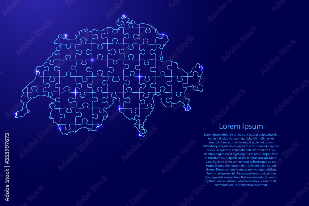 Switzerland map from blue pattern from composed puzzles and glowing space stars. Vector illustration.