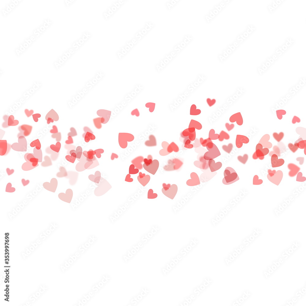 Seamless background with many red heart shaped confetti pieces on white