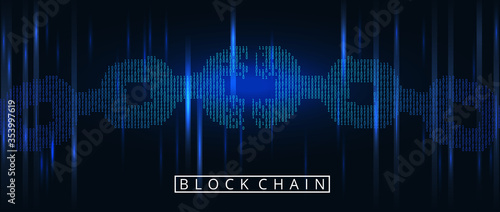 Blockchain digital illuminated shape. Chain shape in code matrix background. Disconected torn chain Big data node base concept. Vector illustration photo