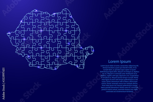 Romania map from blue pattern composed puzzles and glowing space stars. Vector illustration.