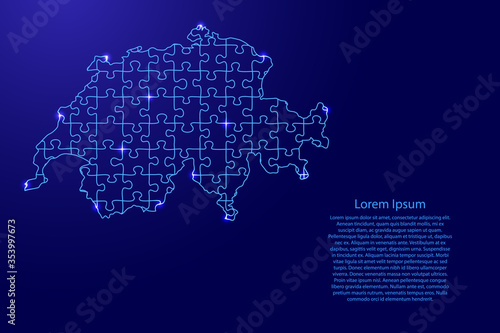 Switzerland map from blue pattern from composed puzzles and glowing space stars. Vector illustration.