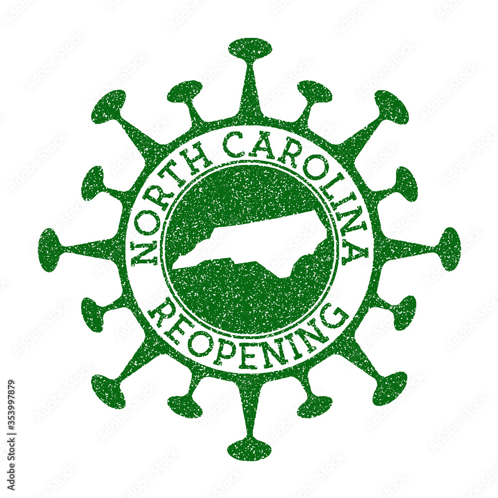 North Carolina Reopening Stamp. Green round badge of us state with map of North Carolina. Us state opening after lockdown. Vector illustration.