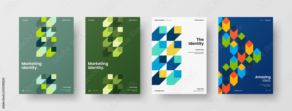 Obraz premium Company identity brochure template collection. Business presentation vector A4 vertical orientation front page mock up set. Corporate report cover abstract geometric illustration design layout bundle.