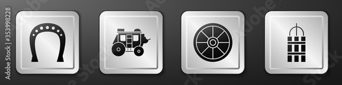Set Horseshoe, Western stagecoach, Old wooden wheel and Detonate dynamite bomb stick icon. Silver square button. Vector.