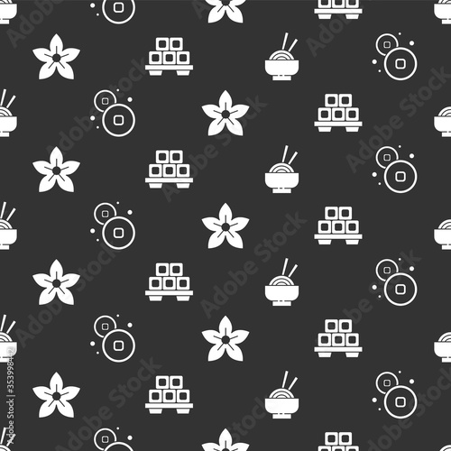 Set Asian noodles in bowl, Chinese Yuan currency, Lotus flower and Sushi on cutting board on seamless pattern. Vector.