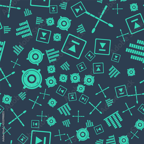 Set Fast forward, Drum sticks, Stereo speaker and Music equalizer on seamless pattern. Vector.