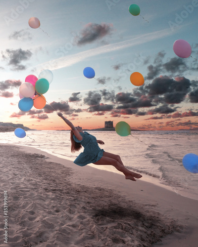 Imaginary landscape, surreal sunset beach, turquoise and pink colors, cloudy sky, flying woman hanging by balloons, impossible concept, freedom lightness idea photo