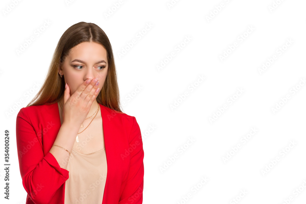 A young business woman against a white background isolated A young business woman against a white background isolated