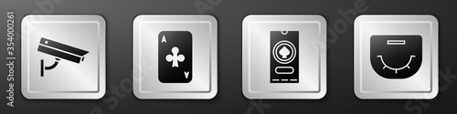 Set Security camera, Playing card with clubs, Casino poker tournament invitation and Poker table icon. Silver square button. Vector.