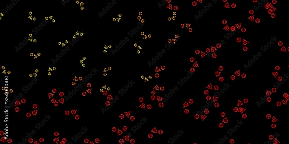 Dark Red, Yellow vector background with occult symbols.