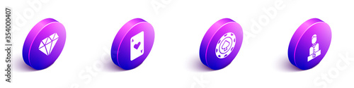 Set Isometric Diamond, Playing card with heart, Casino chips and Casino dealer icon. Vector.