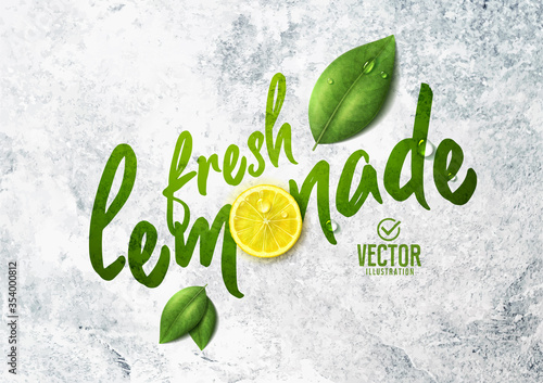 Vector realistic lemon illustration and leaves on white stone background