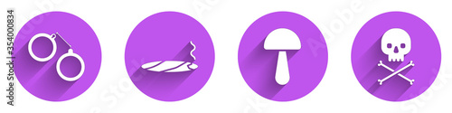 Set Handcuffs, Cigar with smoke, Psilocybin mushroom and Skull on crossbones icon with long shadow. Vector.