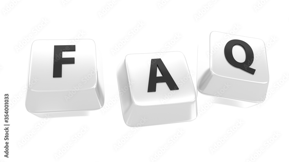 FAQ written in black on white computer keys. Frequently Asked Questions.
