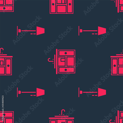 Set Floor lamp and Washbasin cabinet with tap on seamless pattern. Vector.