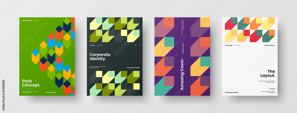 Company identity brochure template collection. Business presentation vector A4 vertical orientation front page mock up set. Corporate report cover abstract geometric illustration design layout bundle.