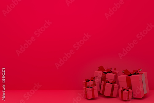 3D rendering,red background colorful realistic gift box with colorful bow on Blank space for party, promotion social media banners, posters,birthday © background photo