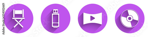 Set Director movie chair, USB flash drive, Online play video and CD or DVD disk icon with long shadow. Vector.