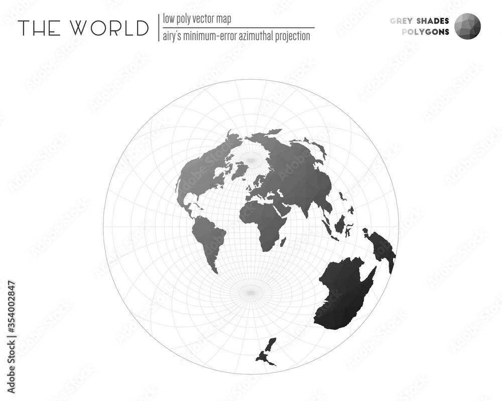 Abstract geometric world map. Airy's minimum-error azimuthal projection of the world. Grey shades colored polygons. Beautiful vector illustration. Abstract geometric world map. Airy's minimum-error azimuthal projection of the world. Grey shades colored polygons. Beautiful vector illustration.