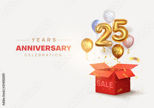 Celebration of the twenty fifth anniversary. Balloons with sparkling confetti flying out of a box. Surprise. Number 25. Sale. Birthday decoration. Holiday discount. Vector illustration