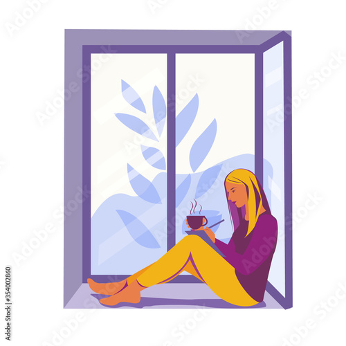 Girl on a windowsill with a cup of hot coffee, tea. Writes, draws in a notepad. Window. Vector illustration in flat style.