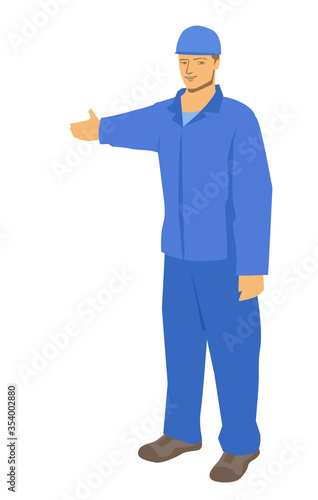 A male builder in a helmet and blue uniform shows his hand into the distance. Vector illustration. Isolated on a white background.