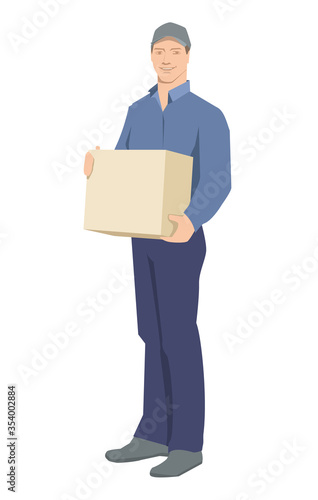 Courier with a parcel. A delivery man in a gray uniform holds a cardboard box in his hands. Vector illustration in cartoon style. © Екатерина Бондарук
