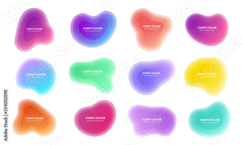 12 Modern liquid abstract blur blob set topographic depth gradient flat style design fluid vector colorful illustration banner simple template for presentation, flyer, isolated on white background.