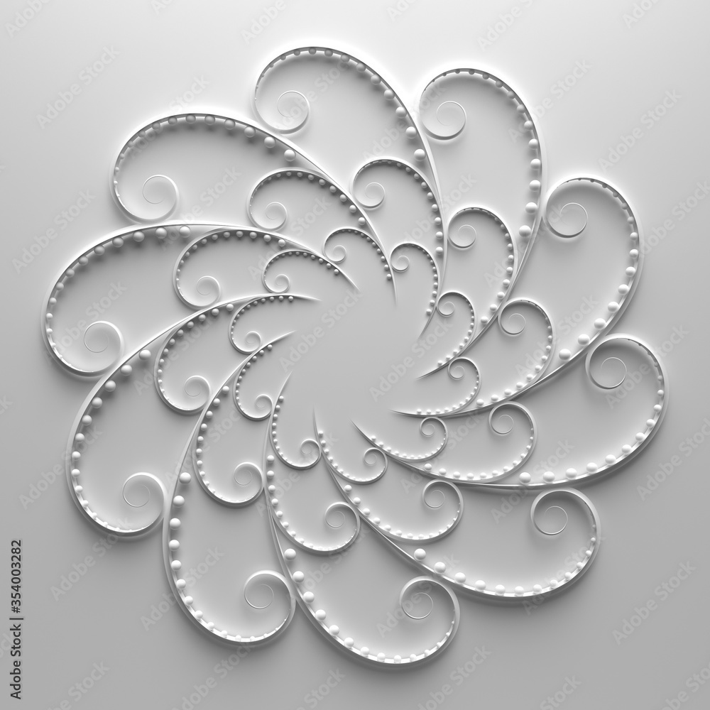3d render of floral composition. Repeat of curl elements with spheres. Beautiful decorative art. 3d render of floral composition. Repeat of curl elements with spheres. Beautiful decorative art.