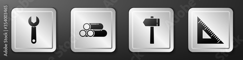 Set Wrench spanner, Industry metallic pipe, Hammer and Triangular ruler icon. Silver square button. Vector.