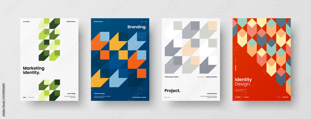 Company identity brochure template collection. Business presentation vector A4 vertical orientation front page mock up set. Corporate report cover abstract geometric illustration design layout bundle.