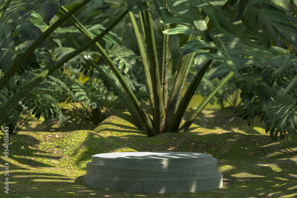 White marble podium geometric shape on Monstera deliciosa natural garden for display of products, Green abstract blur background,empty copy space promotion social media banners,3D rendering White marble podium geometric shape on Monstera deliciosa natural garden for display of products, Green abstract blur background,empty copy space promotion social media banners,3D rendering