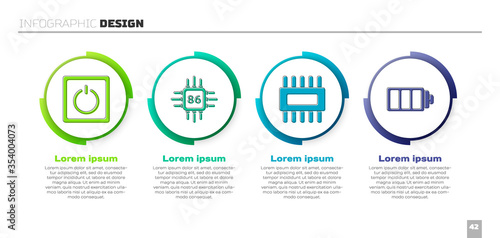 Set Electric light switch, Processor with microcircuits CPU, Processor with microcircuits CPU and Battery charge level indicator. Business infographic template. Vector.