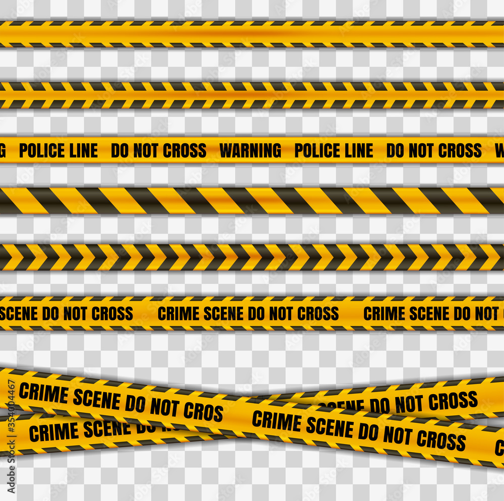 Police tape warning danger set isolated in transparent background.  Barricade tape, Do not cross, police crime scene line yellow official crime  scene barrier tape. Vector realistic style with shadow Stock Vector