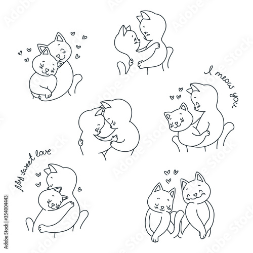 Cats in love. Black and white illustration of cute hugging cats on a white background. Vector 8 EPS.