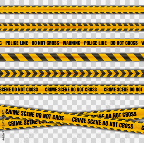 Police tape warning danger set isolated in transparent background. Barricade tape, Do not cross, police crime scene line yellow official crime scene barrier tape. Vector realistic style with shadow